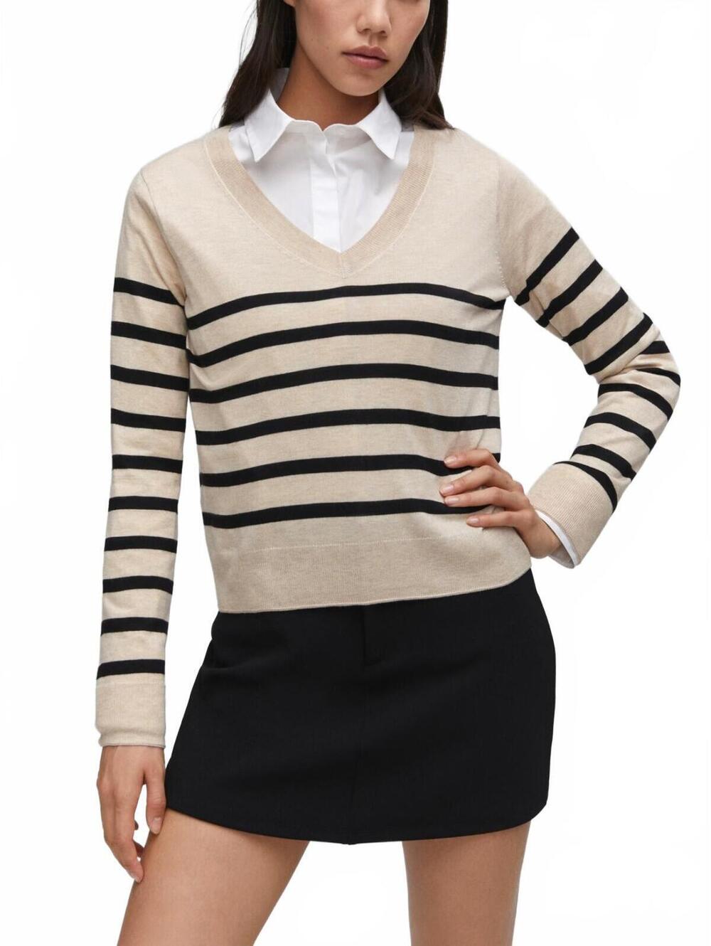 Mango Cashmere Blend V-Neck Striped Fine-Knit Sweater NWT Beige Black 2XL